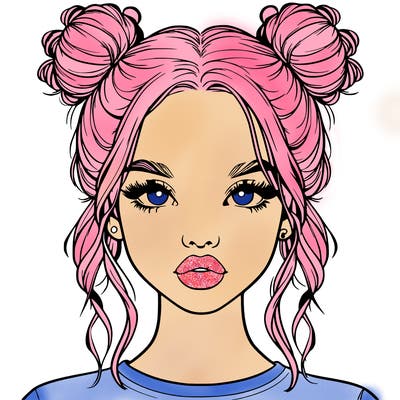 realistic girl with two buns in hair and lips