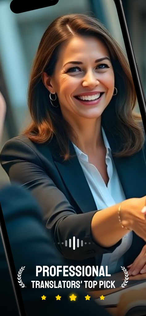 Translation Book:AI Translator - Une femme professionnelle souriante avec le texte Professional Translators Top Pick et une note de cinq étoiles