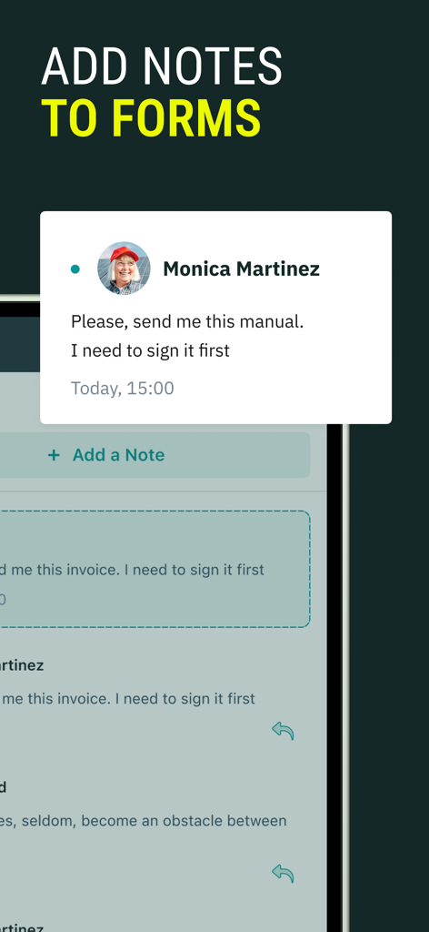 Mobile app screen showing a user adding notes and comments to a digital form for professional team collaboration
