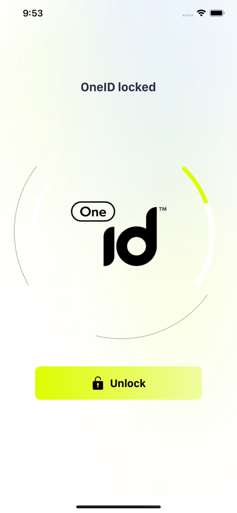 OneID - The OneID app locked screen featuring the company logo and a yellow unlock button with a lock icon.