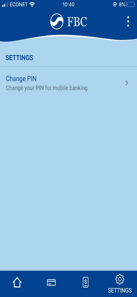 FBC Mobile - Settings screen of the FBC Mobile banking app featuring a Change PIN option for mobile banking security.