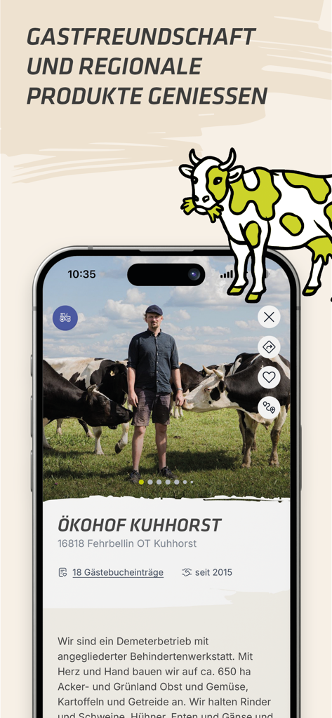 Landvergnügen Stellplatzführer - Captura de pantalla de la app Landvergnügen mostrando el perfil de una estancia ecológica en una granja con vacas y un granjero