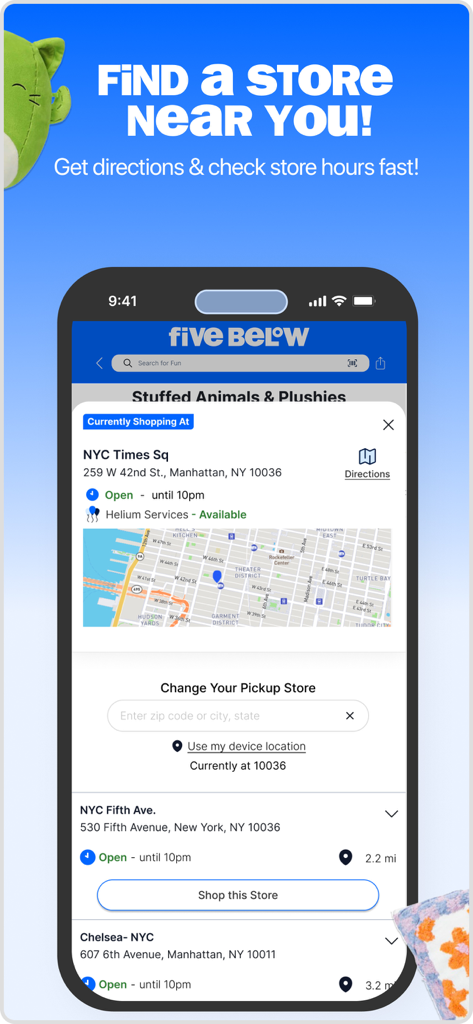Five Below app screen showing store locator feature with a map of NYC locations and store hours