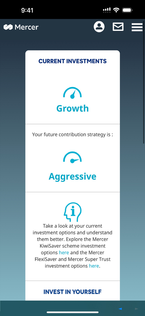 Mercer NZ - Pantalla de la aplicación Mercer NZ que muestra el crecimiento de la inversión y los perfiles de estrategia agresiva con enlaces a las opciones de KiwiSaver y Super Trust