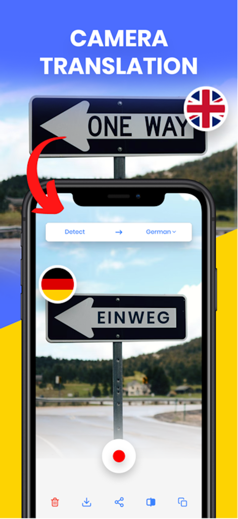 Translate All Language ® - Smartphone screen showing a street sign being translated from English to German using the camera translation feature
