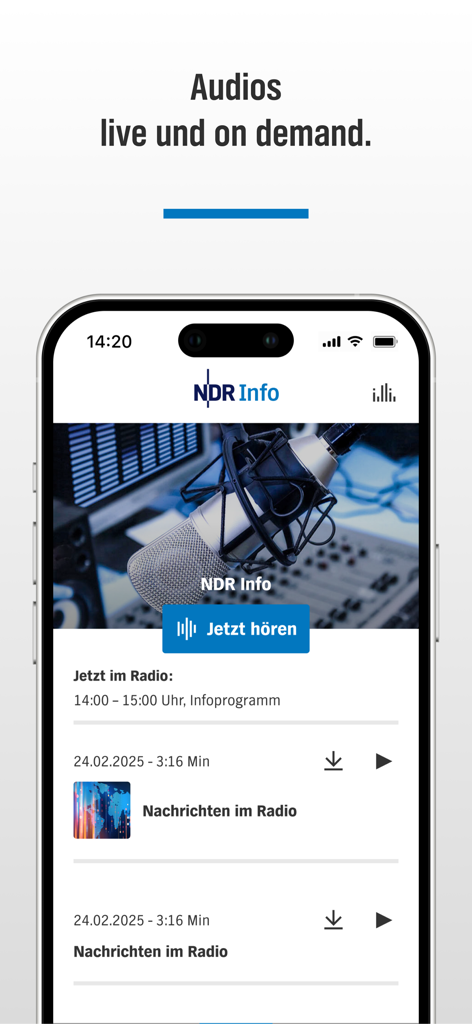 Captura de tela do aplicativo NDR Info exibindo transmissão de rádio ao vivo e programas de notícias de áudio sob demanda