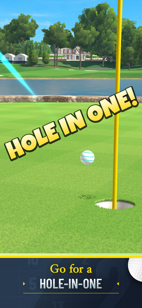 A celebratory Hole In One message over a golf ball on a green in the Golf Clash mobile game.