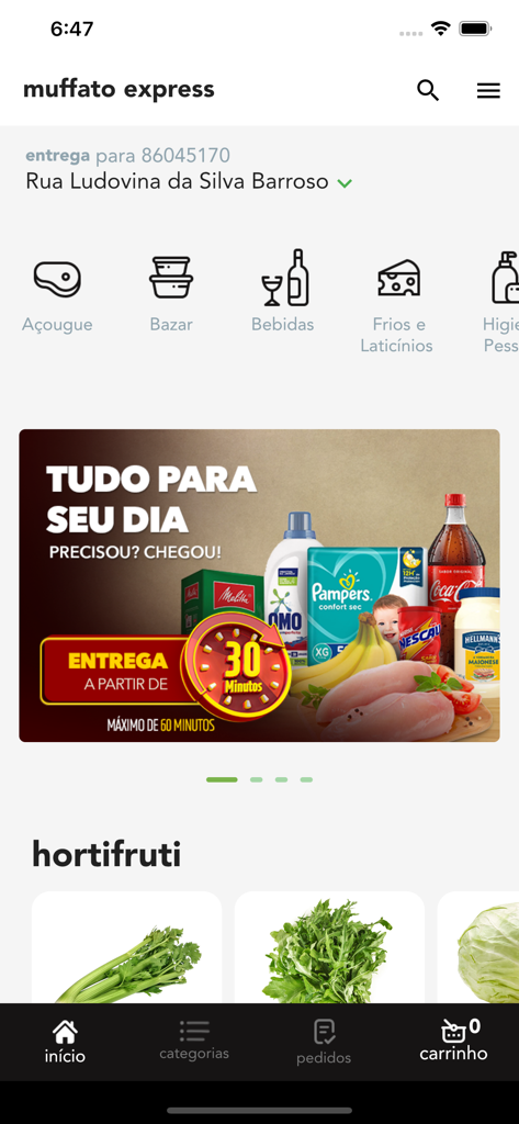 Muffato Express - Muffato Express app home screen showing grocery categories and a 30-minute delivery promotion banner