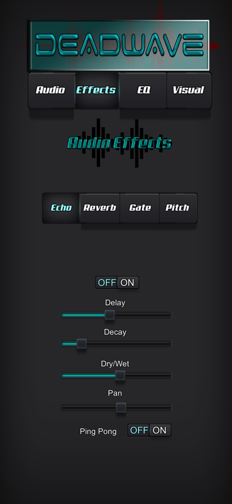DeadWave - DeadWave app interface showing audio effects settings with sliders for delay, decay, and pan within the echo menu.