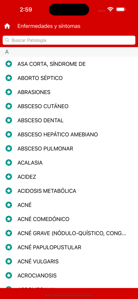 Infomerc Medicamentos - Alphabetical list of diseases and symptoms in the Infomerc Medicamentos mobile app.