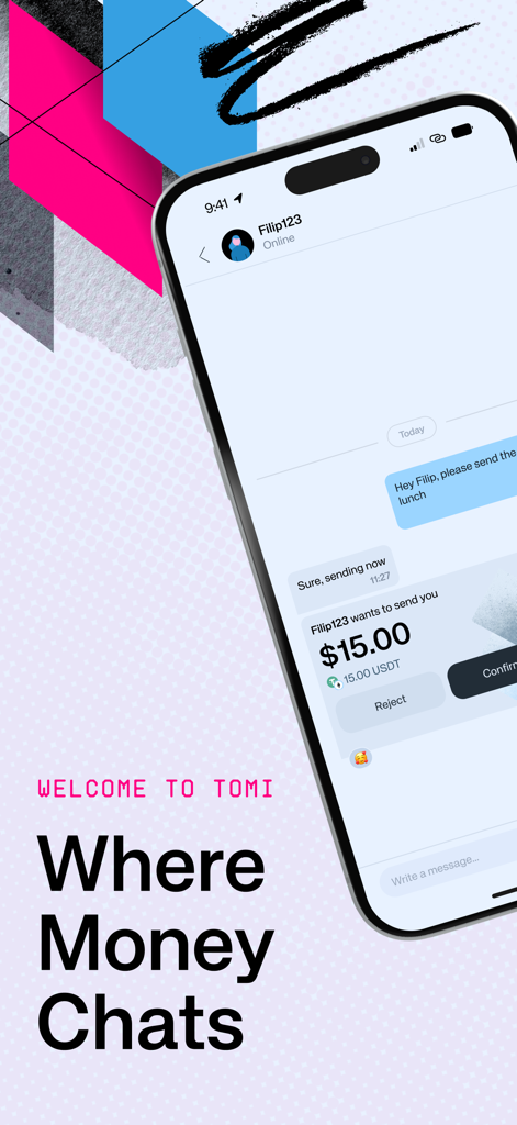 TOMI Web3 SuperApp chat interface showing a crypto transaction request for 15 USDT within a private message.