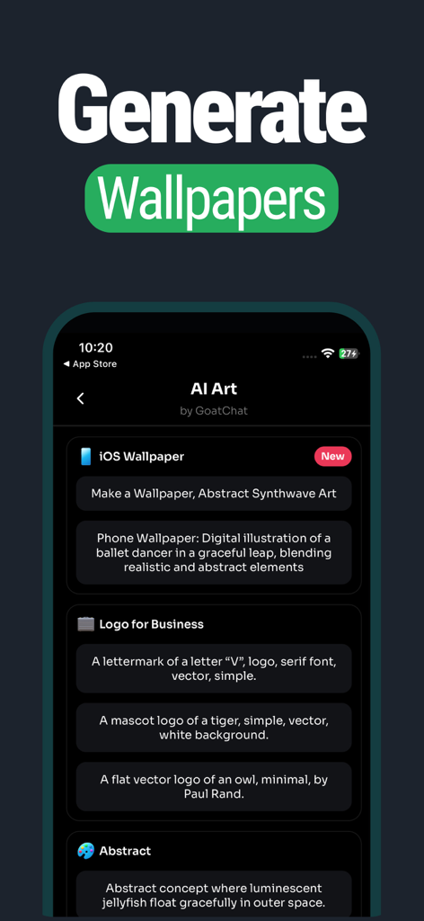 GoatChat - AI Chatbot - GoatChat app interface for generating AI art and custom wallpapers from text prompts.