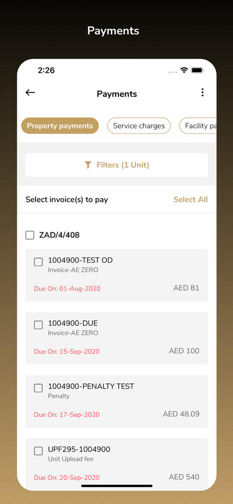 DAMAC Living - Mobile interface of the DAMAC Living app showing a list of property invoices and payments due.