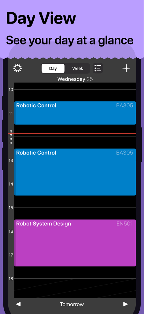 학생 시간표 앱의 일일 수업 일정 보기, 로봇 제어 및 로봇 시스템 설계 세션 포함, 색상 코딩됨