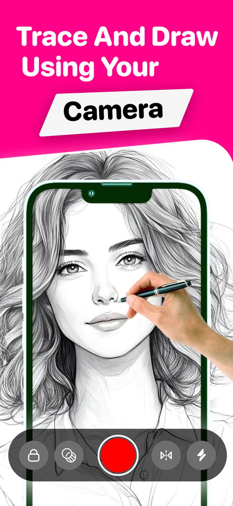 AR Drawing: Sketch & Paint+ - ARドローイングアプリのインターフェースを使って、スマートフォンカメラでポートレートスケッチをトレースしている手。