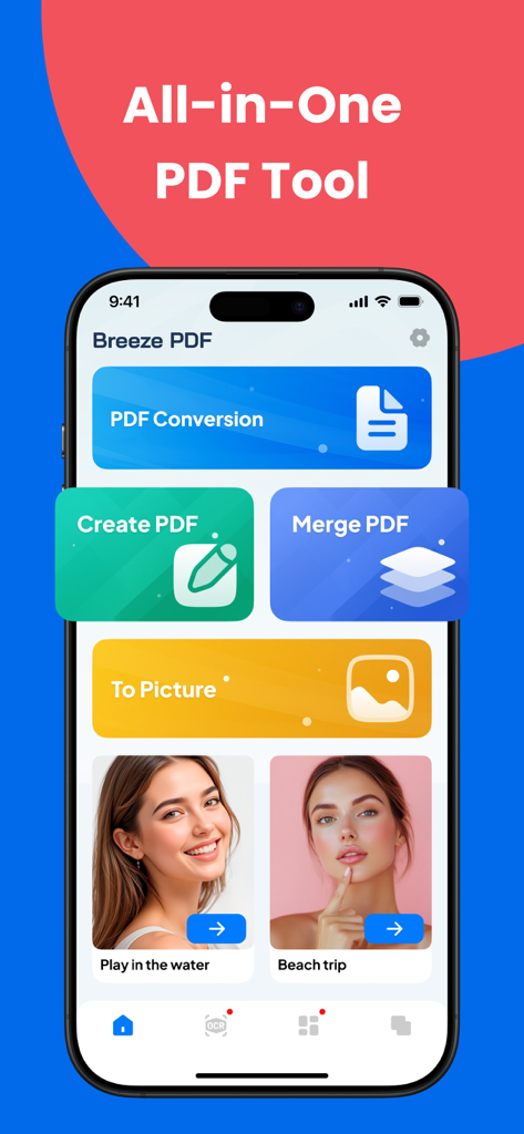 Tidy PDF - AI Scan Edit - Tidy PDF app home screen showing PDF conversion, merge, and create tools with a clean mobile interface
