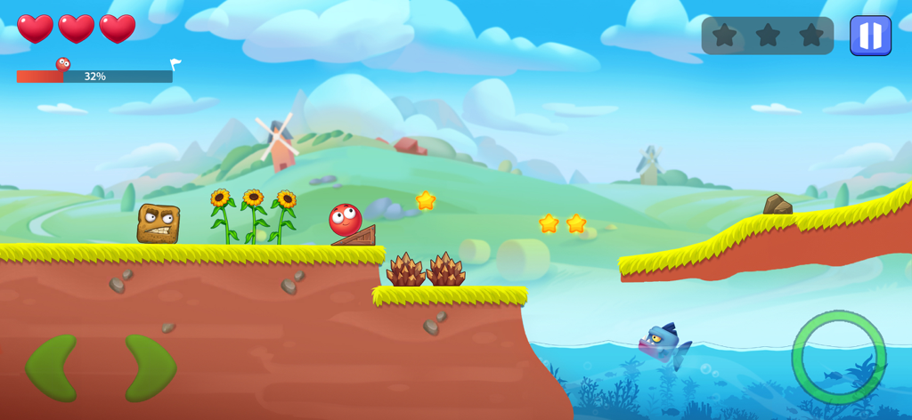 Red Ball: Secret Adventure - Personagem Red Ball navegando em um nível de plataforma com inimigos e estrelas em Red Ball Secret Adventure