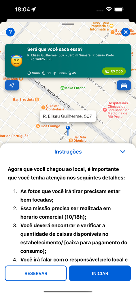 Captura de tela do aplicativo PiniOn mostrando a localização de uma missão em um mapa e uma lista de instruções para o usuário.