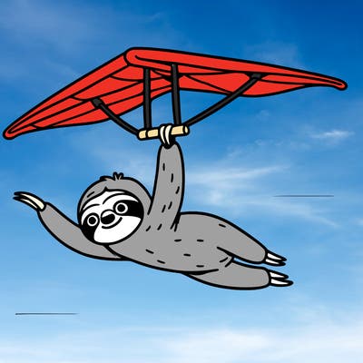 a sloth hang gliding slowly through a clear blue sky