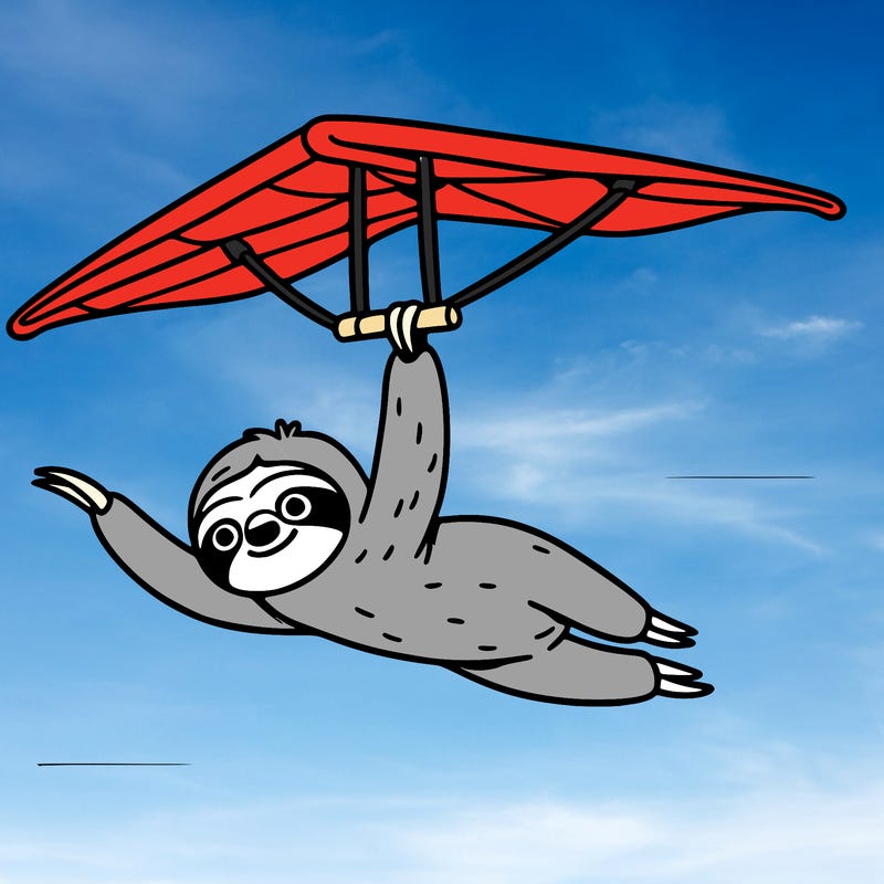 a sloth hang gliding slowly through a clear blue sky