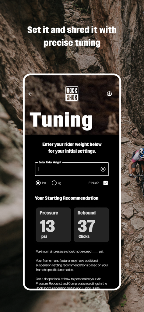 RockShox TrailHead app suspension tuning interface showing pressure and rebound recommendations