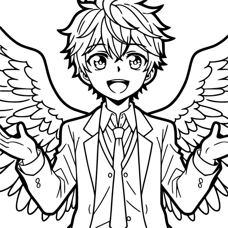 anime angil man with smiling mouth and big wings
