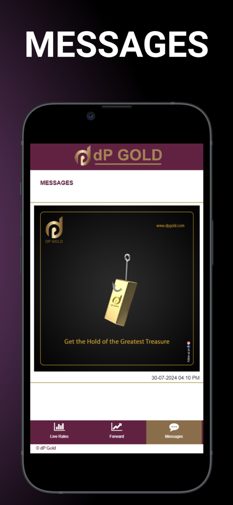 dP Gold - Interface of the dP Gold app showing the messages and announcements section with a promotional gold bar image