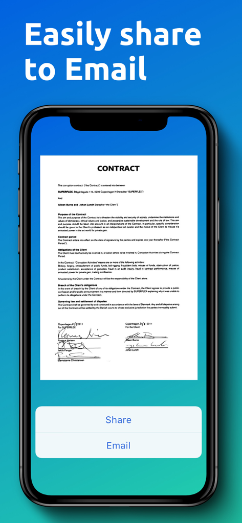 A mobile app screen showing a scanned contract with email and share buttons.