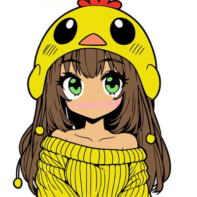 anime girl with chick shaped hat with sweater with bare shoulders with bangs covering them one eye with low tail