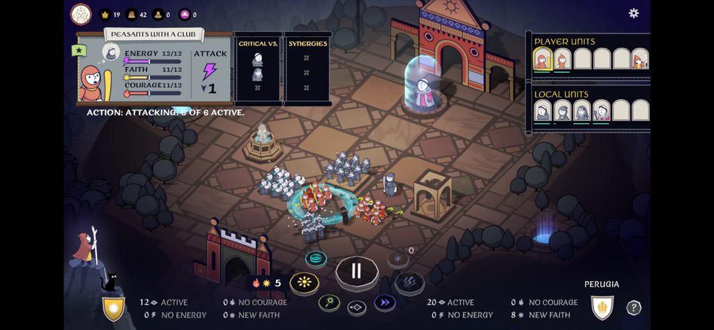 Becoming Saint - Tactical real-time battle screen in Becoming Saint showing unit stats and medieval unit management