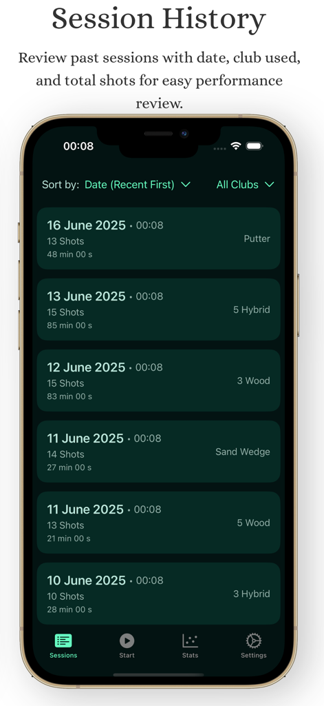 A tela Histórico de Sessão do aplicativo Golf Launch Monitor exibindo uma lista de sessões de treino passadas com datas, contagem de tacadas e tacos usados.