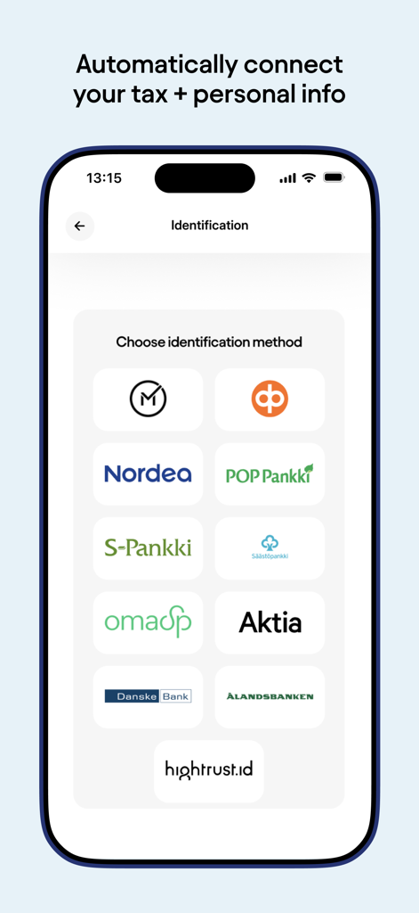 Identification screen in the Truster Invoicing app showing bank selection options to connect tax and personal information.