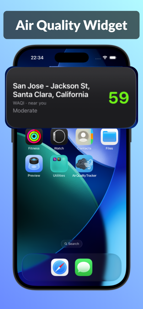 Air Quality Tracker: PureAir - Air Quality Tracker PureAir iOS home screen widget showing AQI data for San Jose California