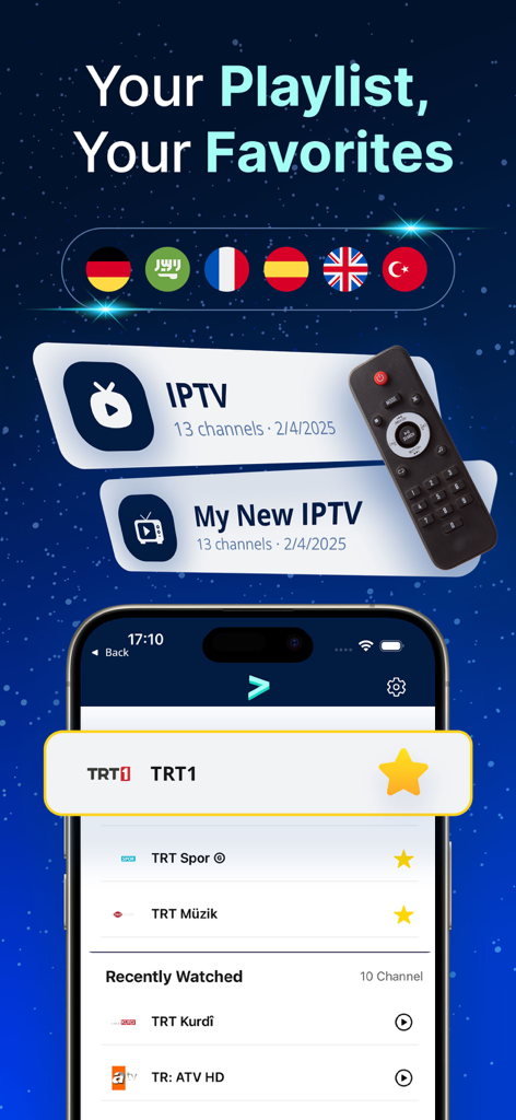 M3U Player Pro: IPTV Player - A modern IPTV player interface displaying M3U playlists and favorite international channels.