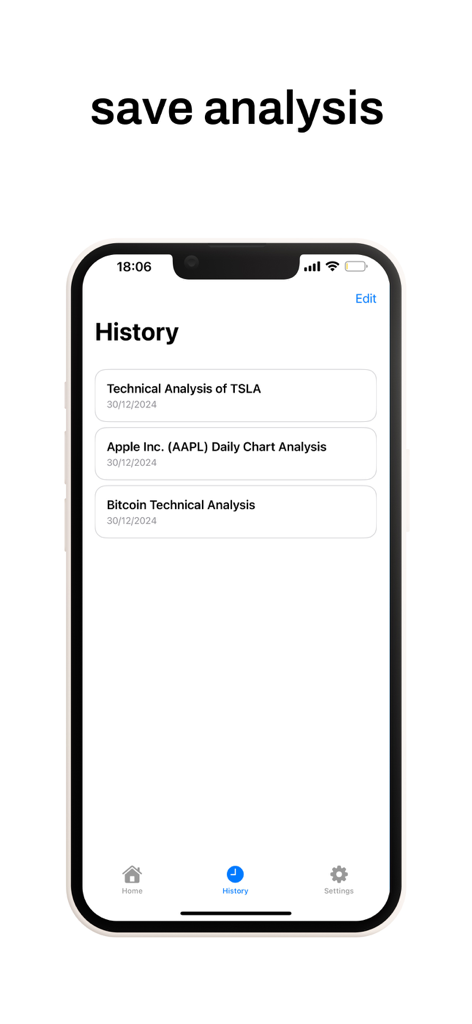 Pantalla de historial de la aplicación Trader AI mostrando análisis guardados de gráficos de acciones y criptomonedas.