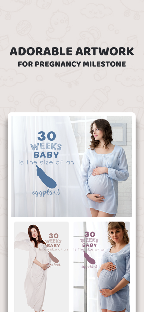 Maternity photos showing 30 weeks milestone with baby size comparison stickers