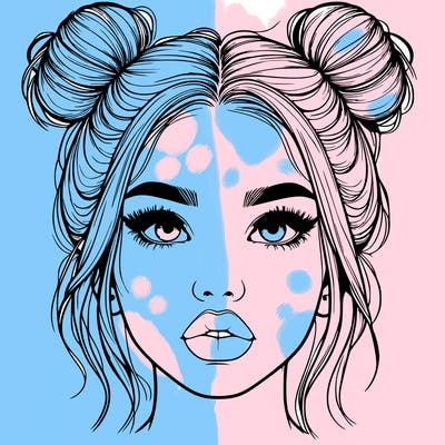 realistic girl with two buns on her hair and lips