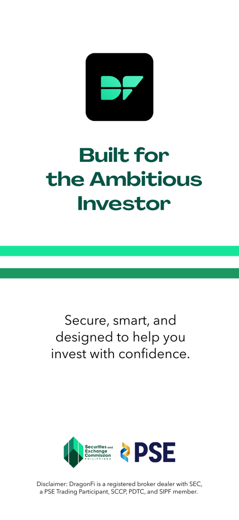 DragonFi – Stocks & Funds - Schermata promozionale per l'app DragonFi con il testo Costruita per l'investitore ambizioso e loghi normativi per SEC Filippine e PSE