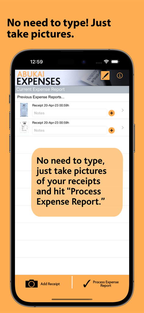 ABUKAI Expense Reports Receipt - ABUKAI Expenses app interface showing a list of receipts and a button to process expense reports