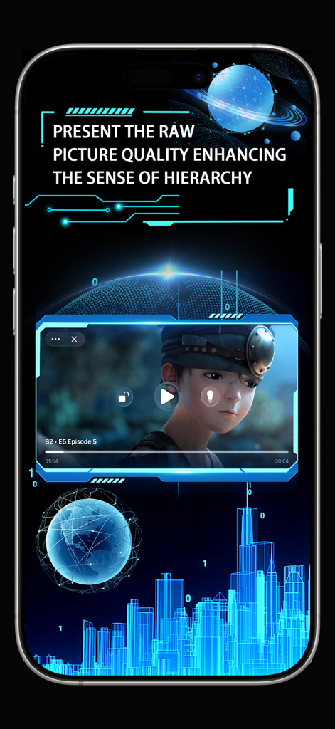 Innine - true hd video player - Innineビデオプレーヤーアプリ。iPhoneに、未来的でデジタルなインターフェースで高解像度のシネマティック映像が表示されています。