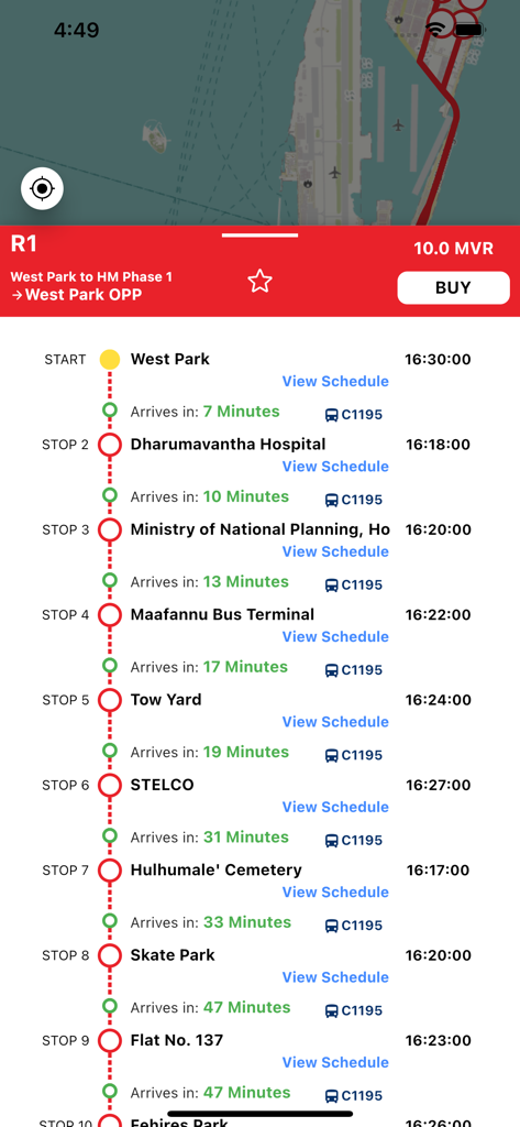 RTL Travel App - Interface de l'application RTL Travel montrant un horaire de bus en temps réel avec les heures d'arrivée et les options d'achat de billets aux Maldives.