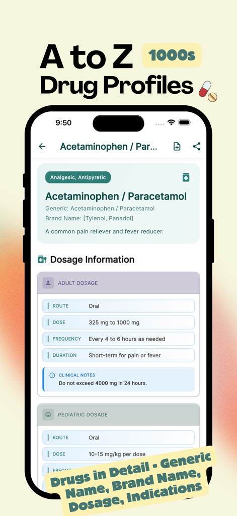 MedDose Pro - MCQs & Diseases - MedDose Pro mobile app interface showing a detailed drug profile for Acetaminophen including dosage and brand names