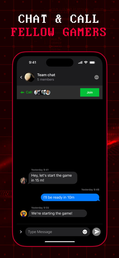 Interfaz de chat de equipo y llamadas de voz en vivo en la Aplicación Complementaria Off The Grid.