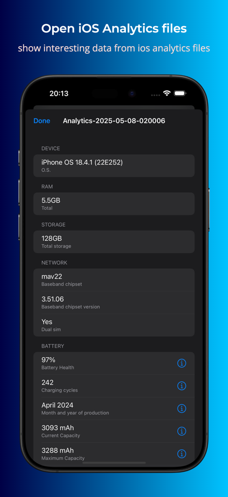 Device Monitor² - Device Monitor app interface showing detailed iOS analytics data including battery health and hardware specifications