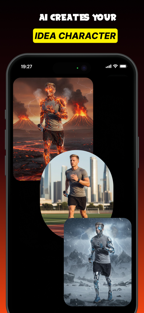 GenV - AI Video Generator - GenV app interface showing AI character generation with lava and cyborg variations