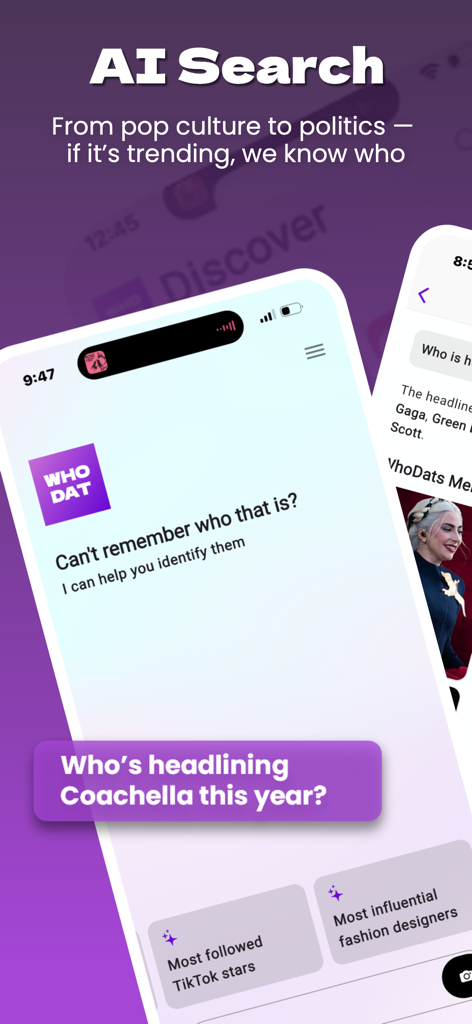 Screenshot of the WhoDat app AI search interface highlighting celebrity and pop culture recognition features.