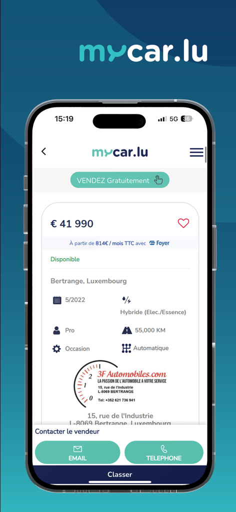 Mycar.lu - A mobile screenshot of the Mycar.lu app displaying a used car listing in Luxembourg with price and vehicle specifications
