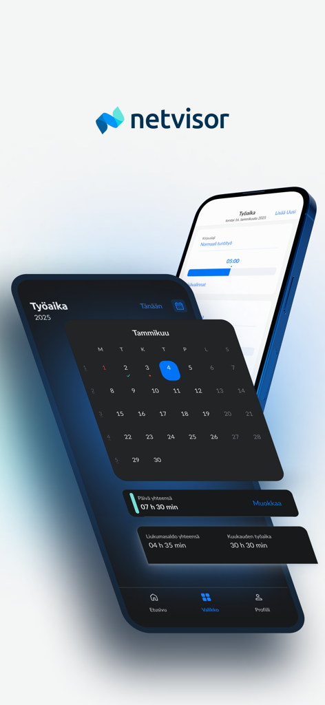 Netvisor - Netvisor mobile app interface showing a work hours calendar and time tracking dashboard