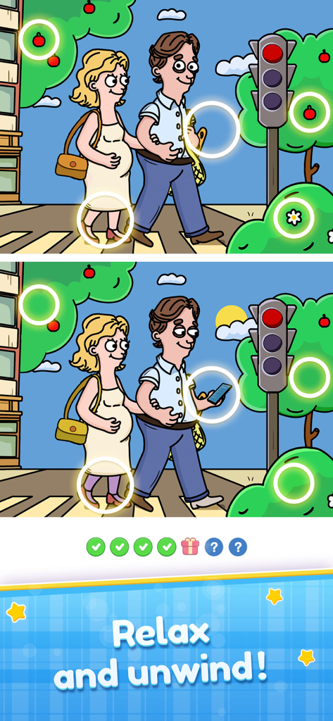 Find the Differences: Spot Fun - 두 사람이 거리를 건너는 커플을 특징으로 하는 만화 스타일의 차이점 찾기 퍼즐 게임, 강조 표시된 차이점과 휴식 및 긴장 해소 배너