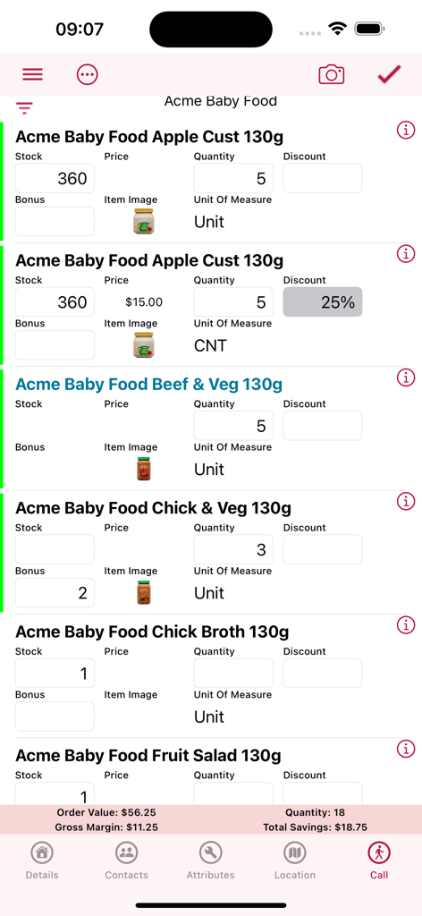 Purveyance - Purveyance mobile app screen showing a list of baby food products with stock quantity and price fields for sales orders